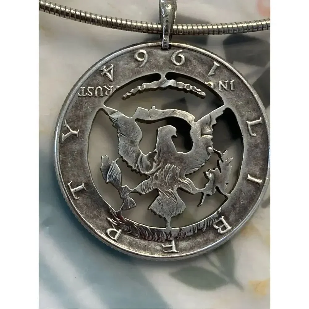 Silver half dollar carved pendant necklace